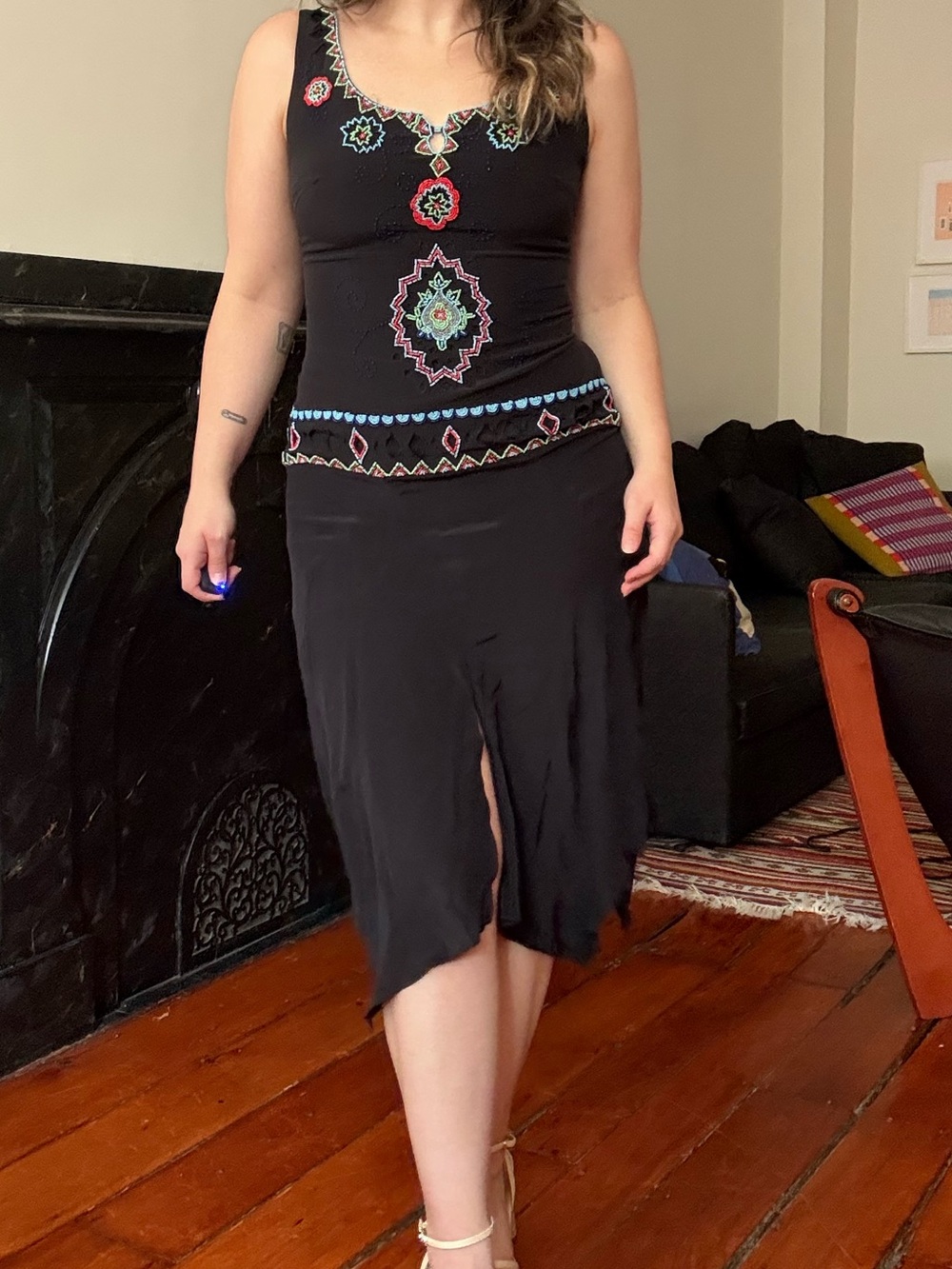 Y2K Sue Wong Nocturne Black Midi Fairy Dress with Multicolor Embroidery Beaded